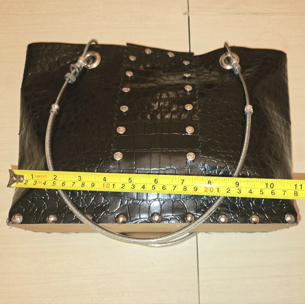 Stash Brand Vintage Elegant Black Croc-Embossed Tote Bag with Wood Base Like New - Picture 11 of 13